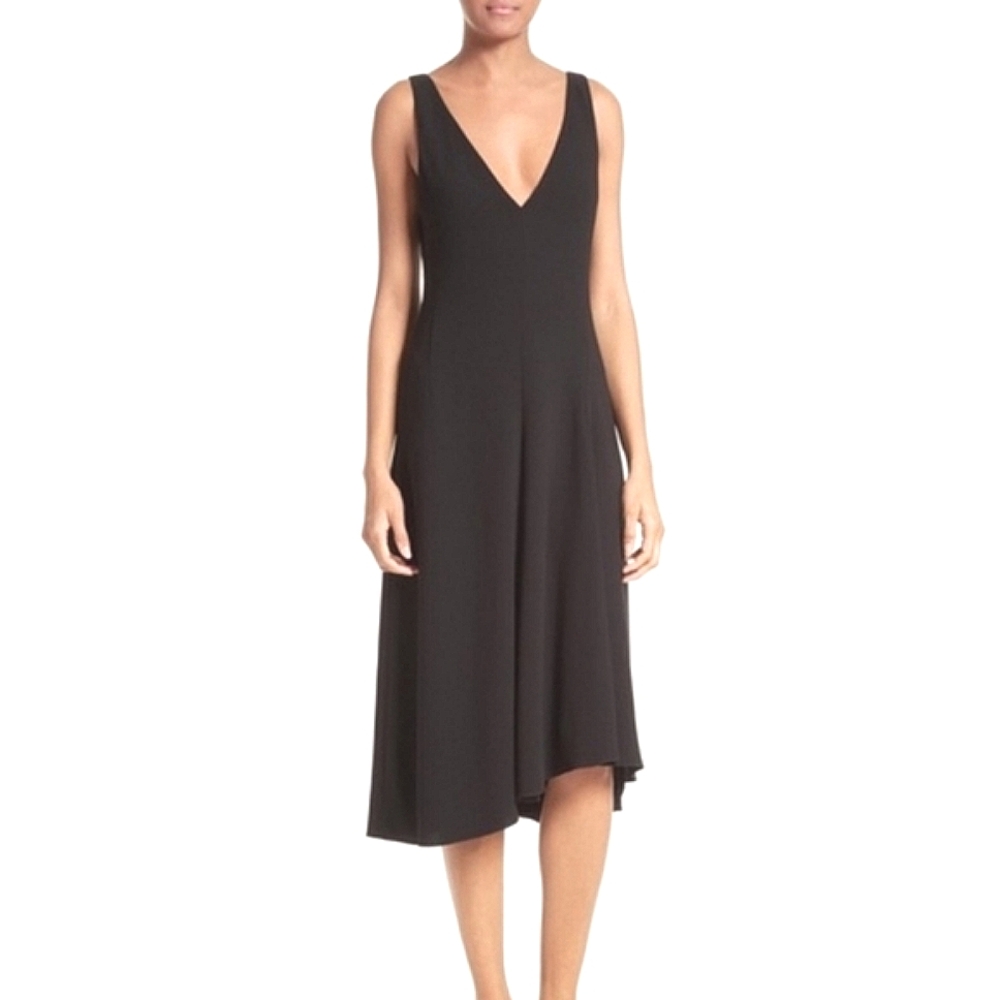 Theory Tadayon B Elevate Black Crepe Midi Dress V Neckline Evening Classic 00